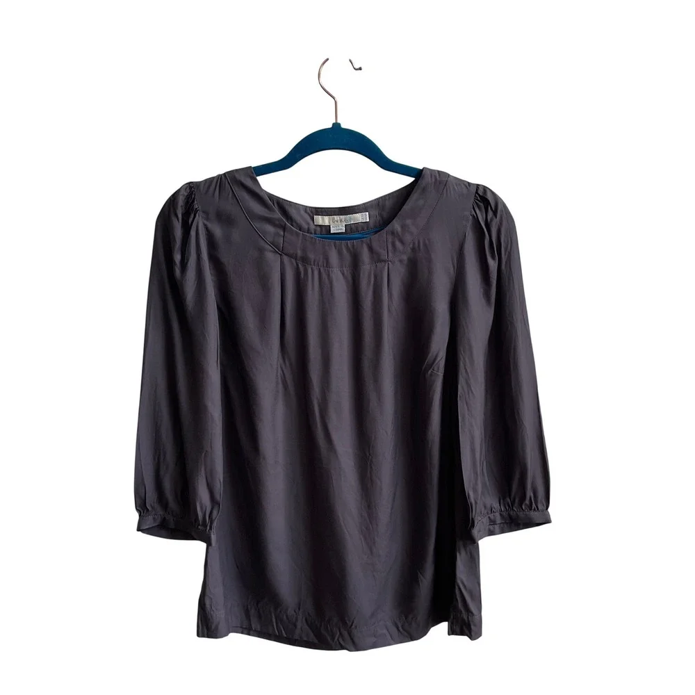 Boden Blouse Womens 6 Grey Silk Blend Dark Academia Puff Sleeve Scoop Neck WA450
